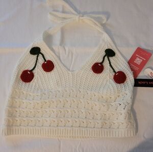 Crochet White Halter Top with Cherries NWT S Cherry